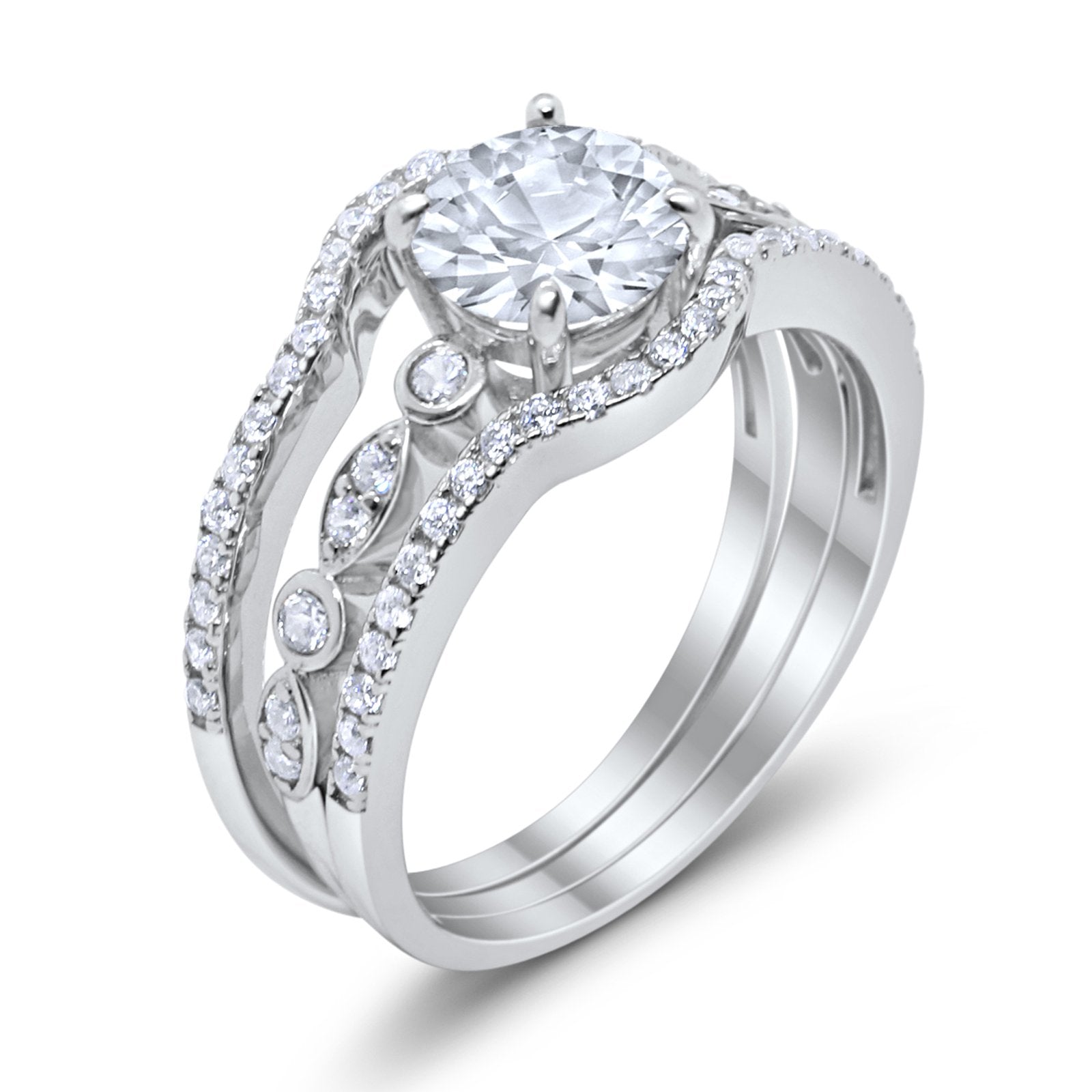 Trio Set Three Piece Wedding Ring Round Simulated Cubic Zirconia 925 Sterling Silver
