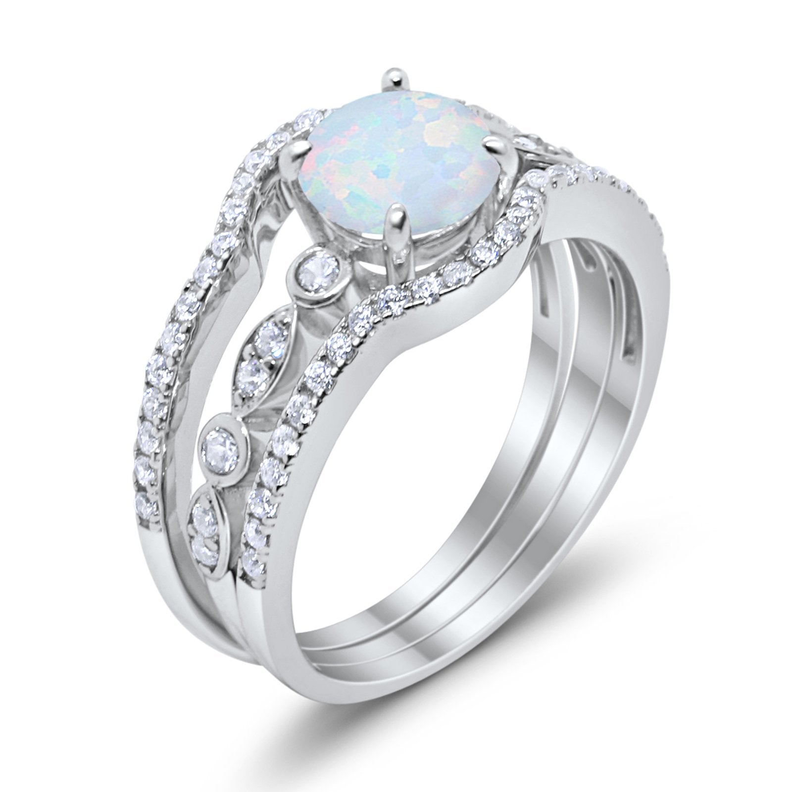Trio Set Three Piece Wedding Ring Round Lab White Opal 925 Sterling Silver