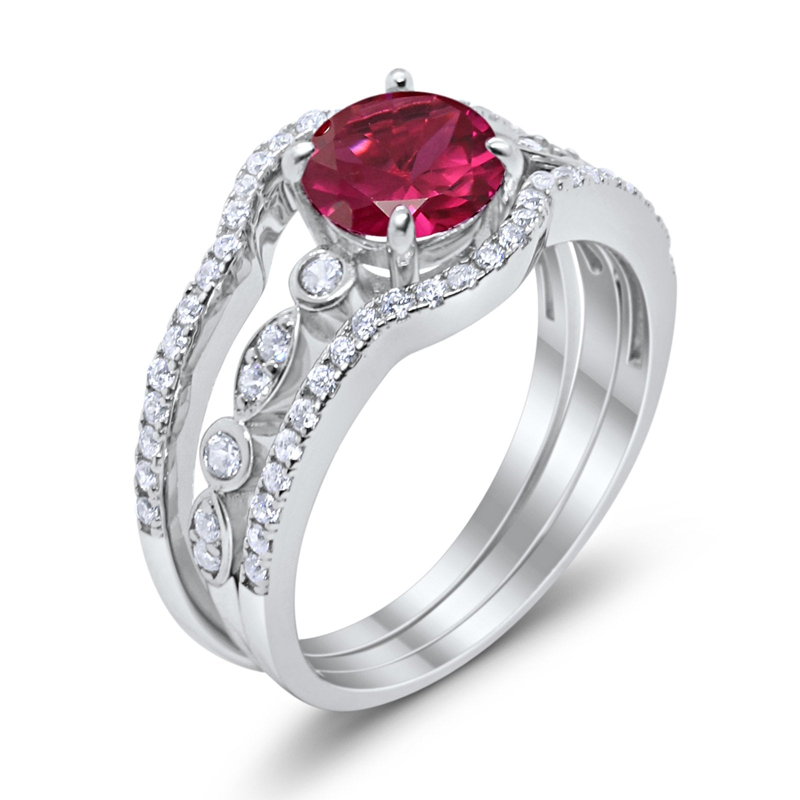 Trio Set Three Piece Wedding Ring Round Simulated Ruby CZ 925 Sterling Silver