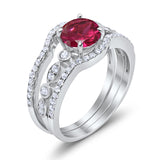 Trio Set Three Piece Wedding Ring Round Simulated Ruby CZ 925 Sterling Silver
