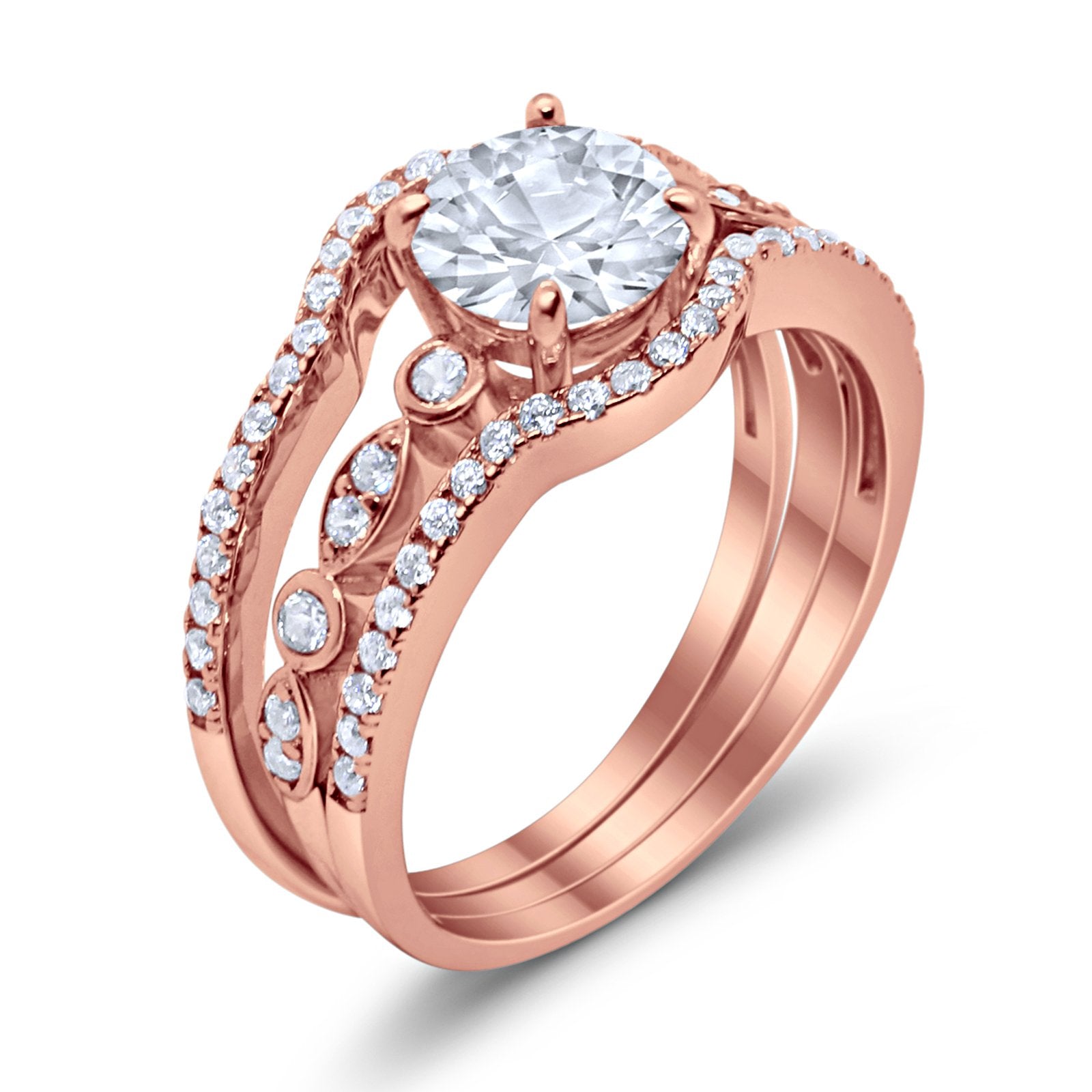 Trio Set Three Piece Wedding Ring Round Rose Tone, Simulated Cubic Zirconia 925 Sterling Silver