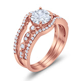 Trio Set Three Piece Wedding Ring Round Rose Tone, Simulated Cubic Zirconia 925 Sterling Silver