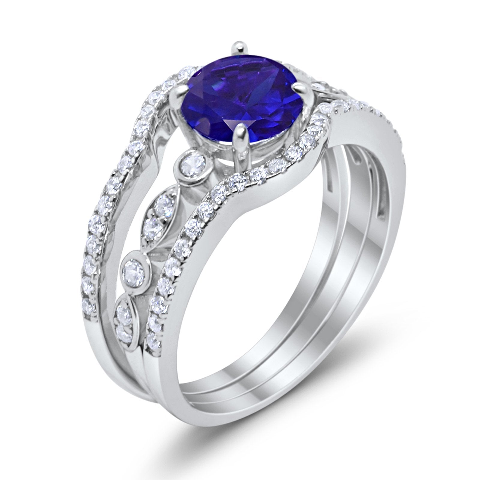 Trio Set Three Piece Wedding Ring Round Simulated Blue Sapphire CZ 925 Sterling Silver
