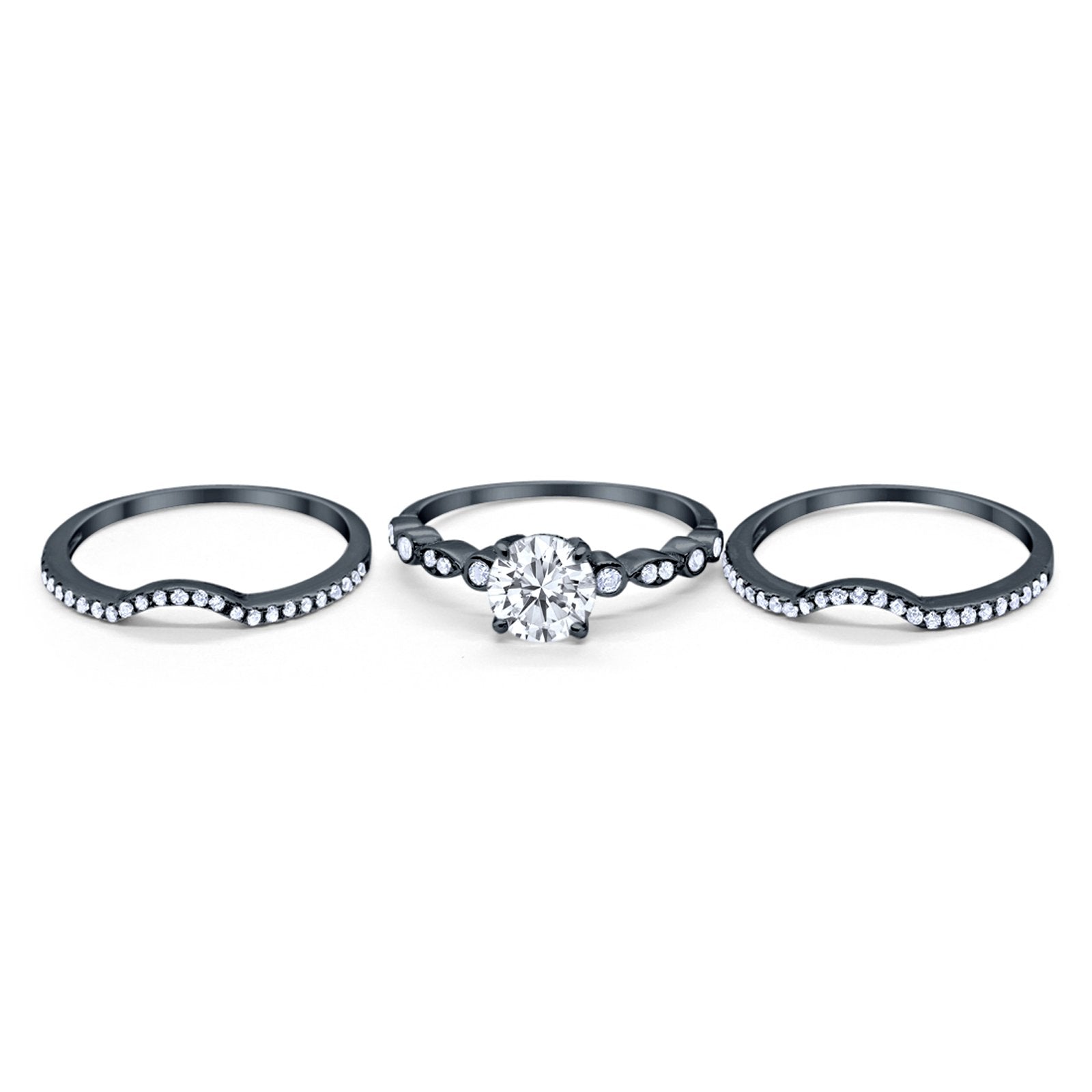Trio Set Three Piece Wedding Ring Round Black Tone, Simulated Cubic Zirconia 925 Sterling Silver