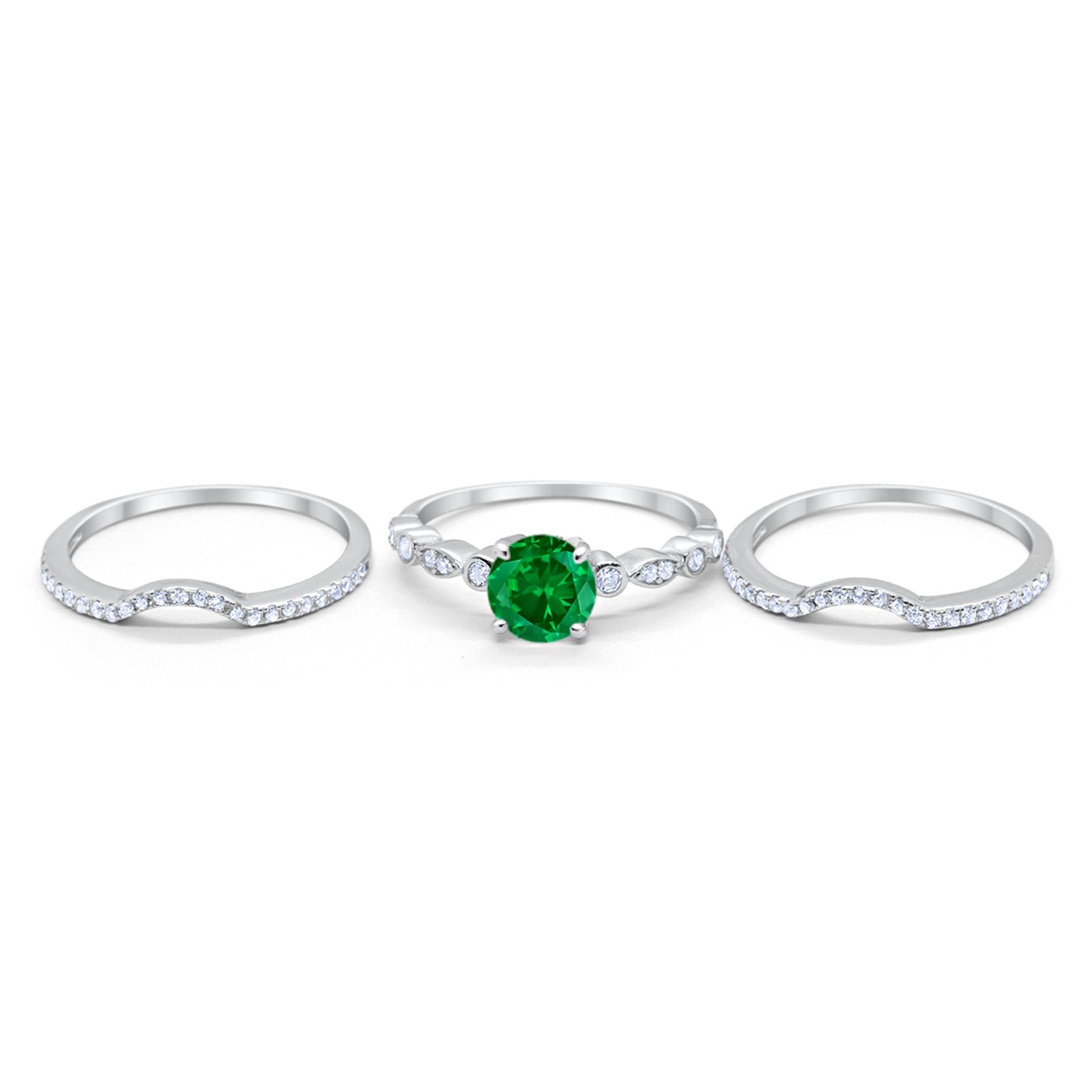 Trio Set Three Piece Wedding Ring Round Simulated Green Emerald CZ 925 Sterling Silver
