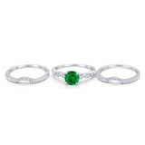 Trio Set Three Piece Wedding Ring Round Simulated Green Emerald CZ 925 Sterling Silver