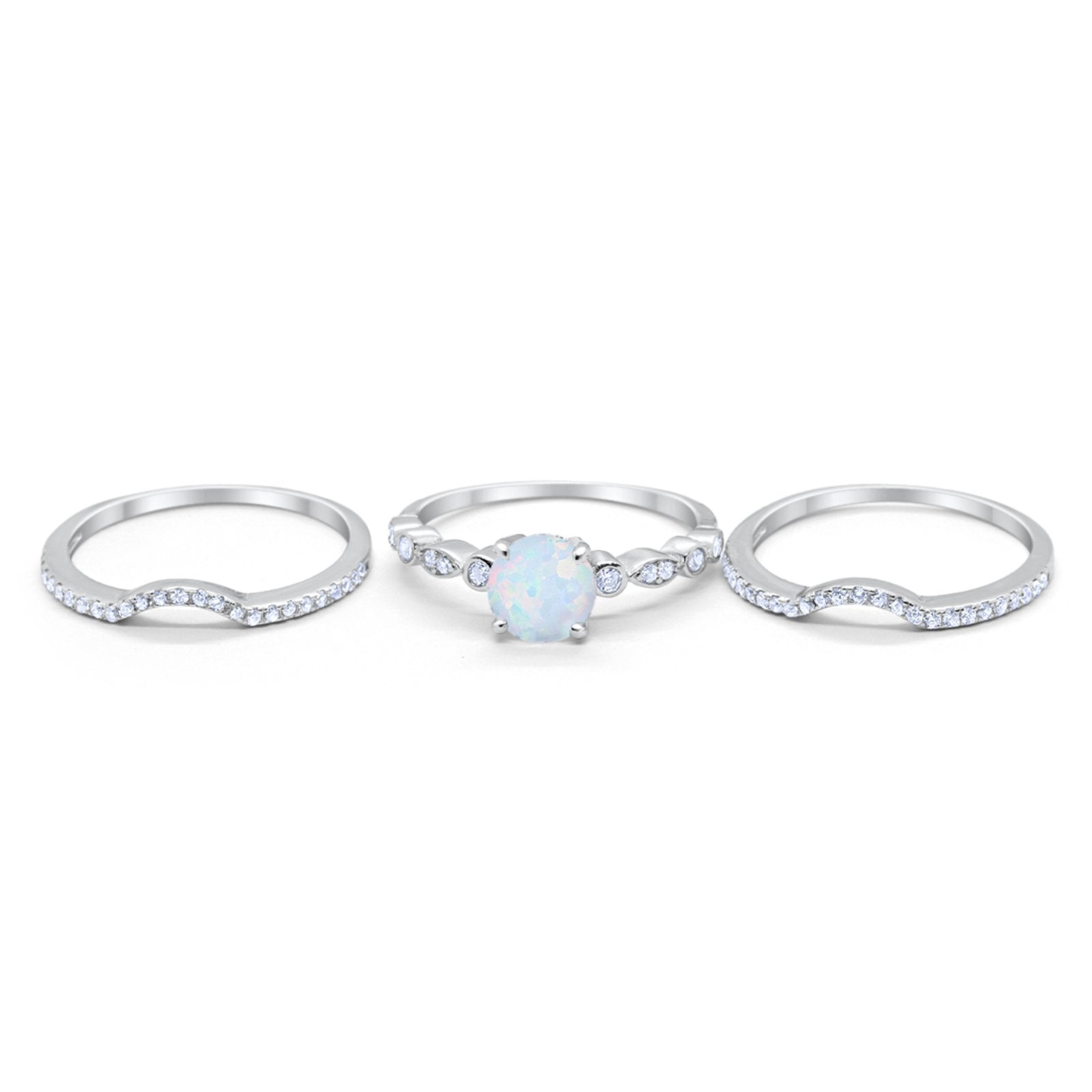 Trio Set Three Piece Wedding Ring Round Lab White Opal 925 Sterling Silver