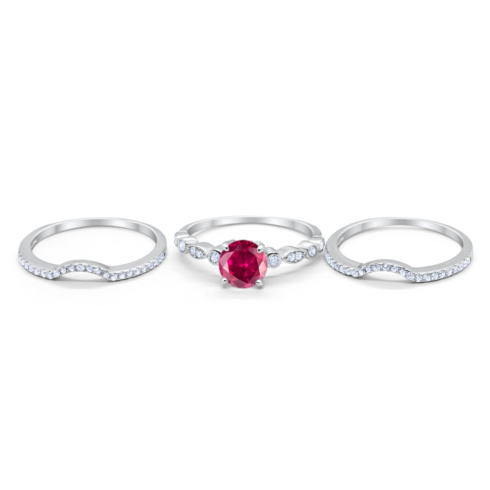 Trio Set Three Piece Wedding Ring Round Simulated Ruby CZ 925 Sterling Silver