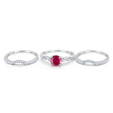Trio Set Three Piece Wedding Ring Round Simulated Ruby CZ 925 Sterling Silver