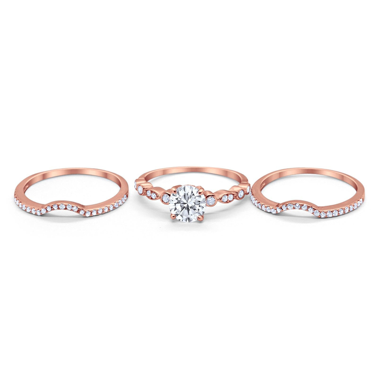Trio Set Three Piece Wedding Ring Round Rose Tone, Simulated Cubic Zirconia 925 Sterling Silver