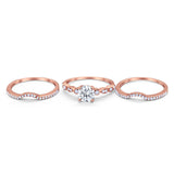 Trio Set Three Piece Wedding Ring Round Rose Tone, Simulated Cubic Zirconia 925 Sterling Silver