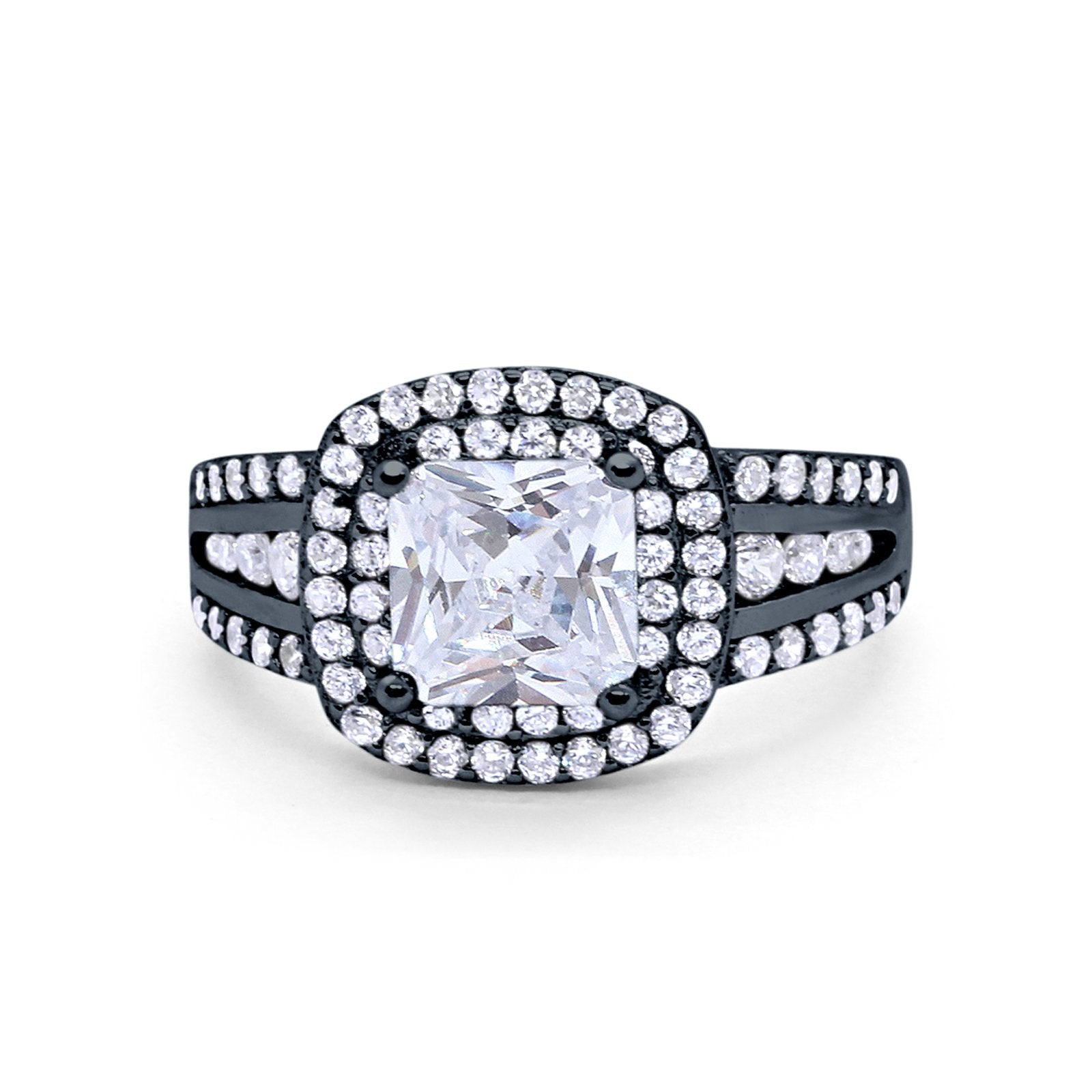 Halo Wedding Ring Princess Black Tone, Simulated Cubic Zirconia 925 Sterling Silver