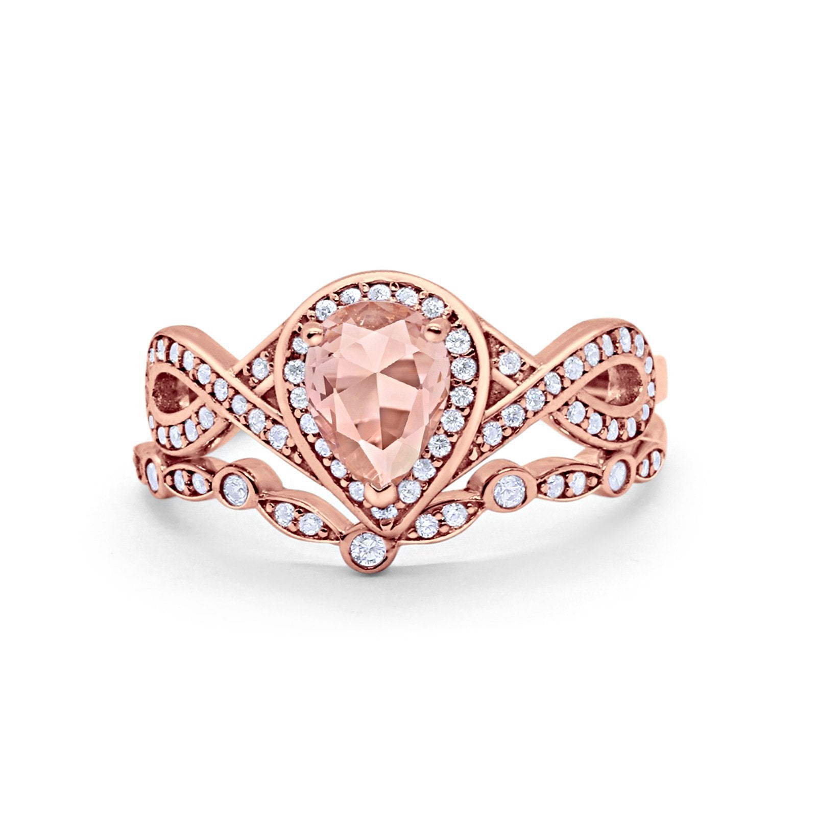 Teardrop Wedding Ring Piece Band Rose Tone Simulated Morganite CZ 925 Sterling Silver