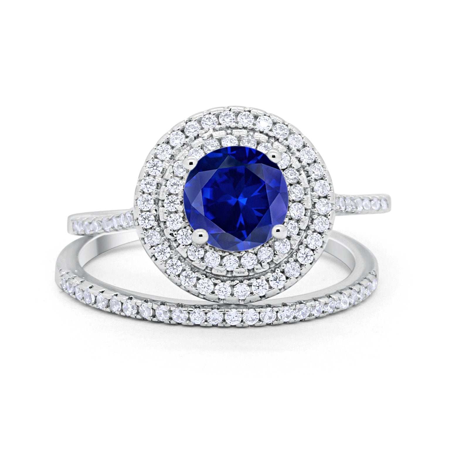 Double Halo Engagement Bridal Piece Ring Simulated Blue Sapphire CZ 925 Sterling Silver