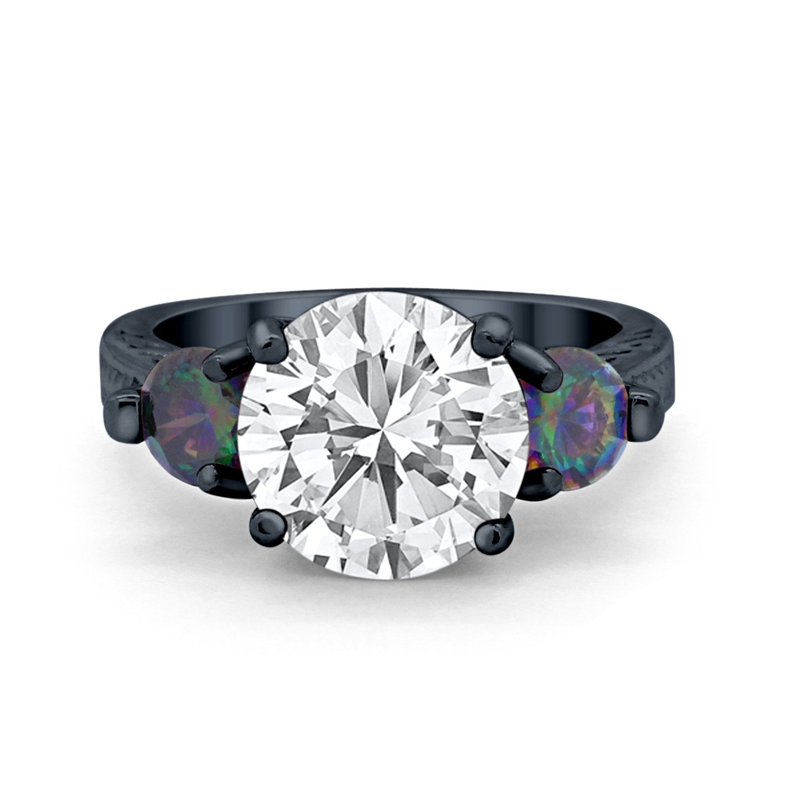 Three Stone Ring Round Black Tone, Simulated Cubic Zirconia 925 Sterling Silver