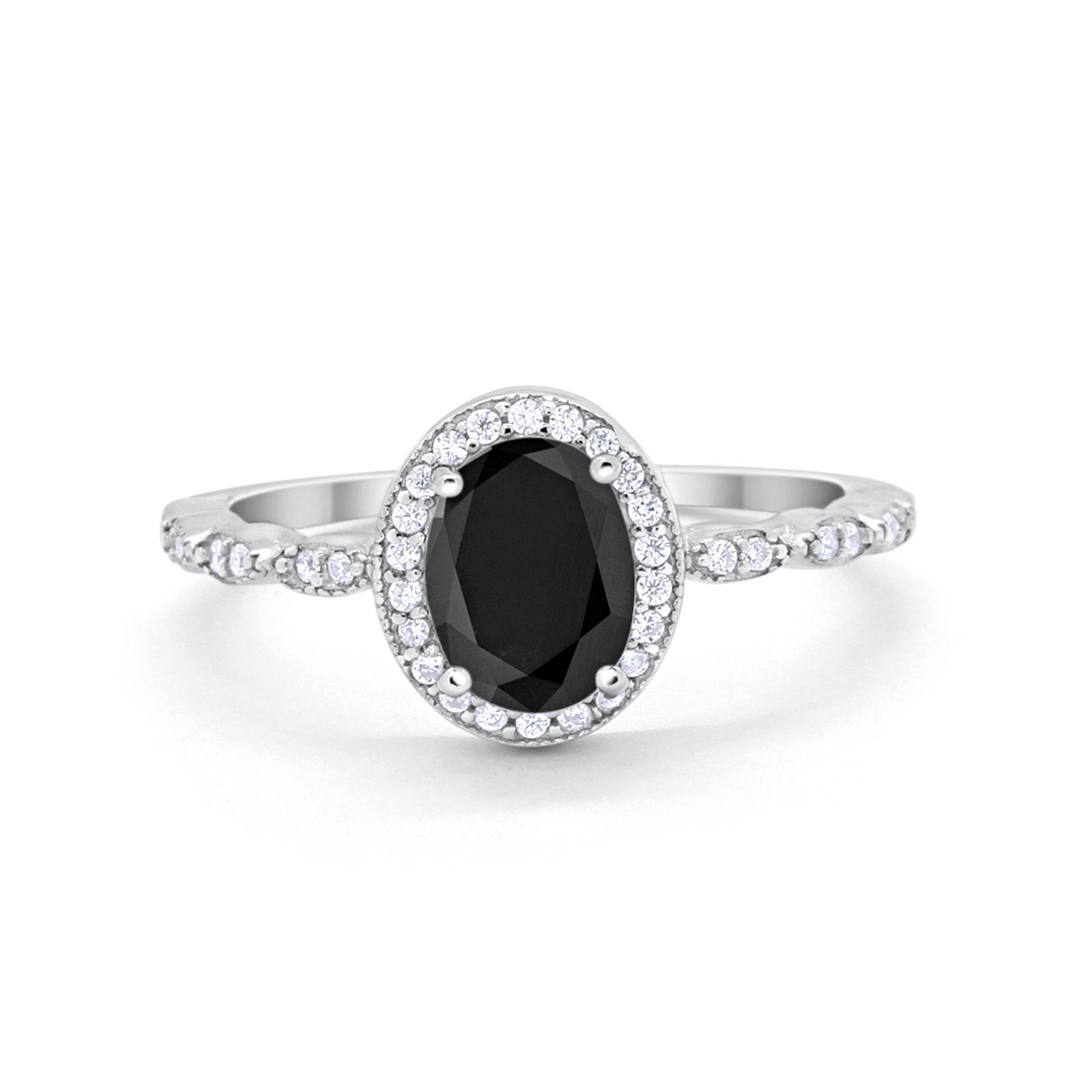 Oval Engagement Ring Halo Bridal Simulated Black CZ 925 Sterling Silver