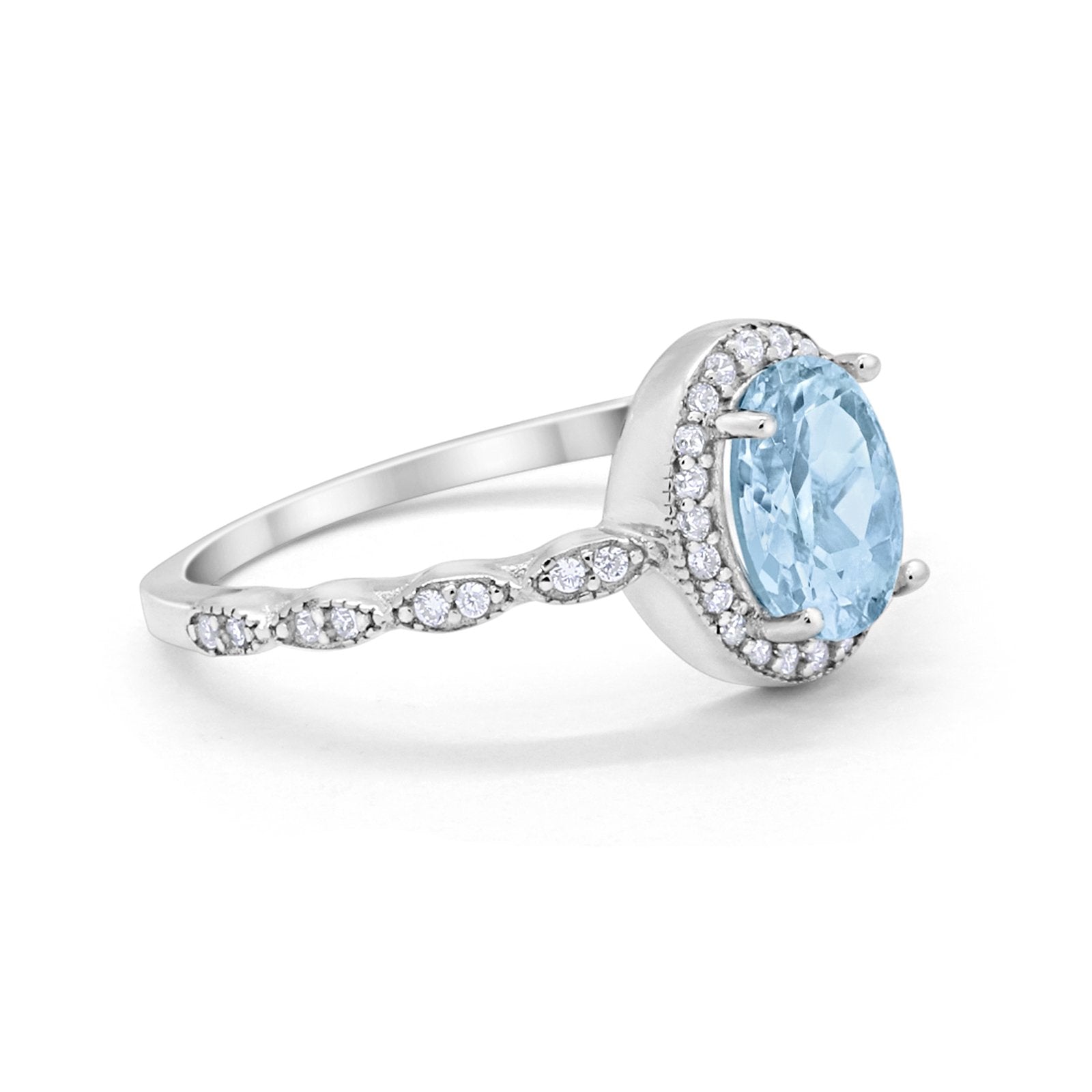 Oval Engagement Ring Halo Bridal Simulated Aquamarine CZ 925 Sterling Silver