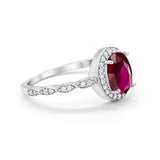 Oval Engagement Ring Halo Bridal Simulated Ruby CZ 925 Sterling Silver