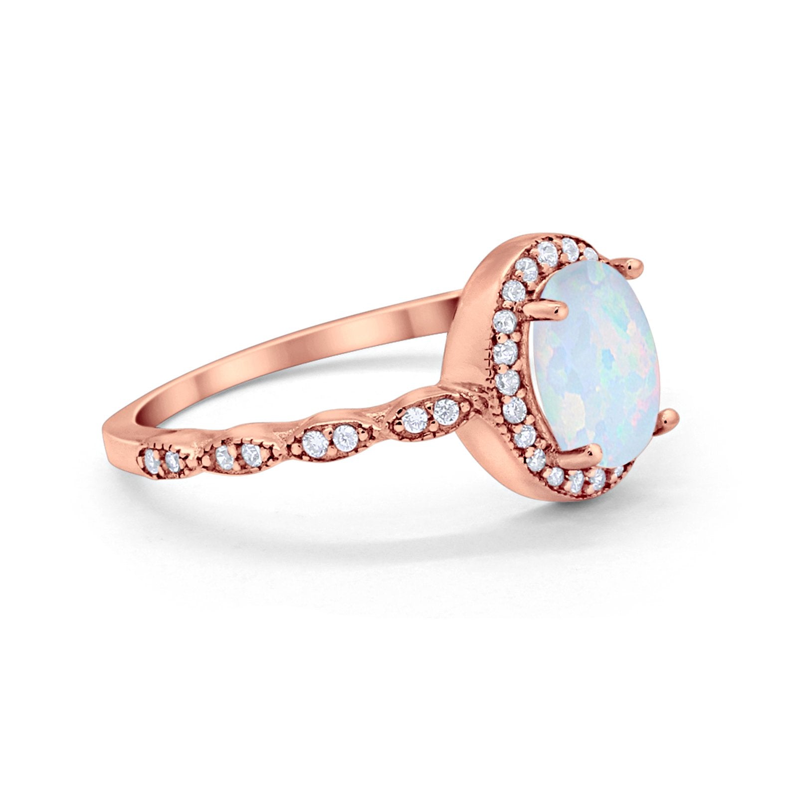 Oval Engagement Ring Halo Bridal Rose Tone, Lab Created White Opal 925 Sterling Silver