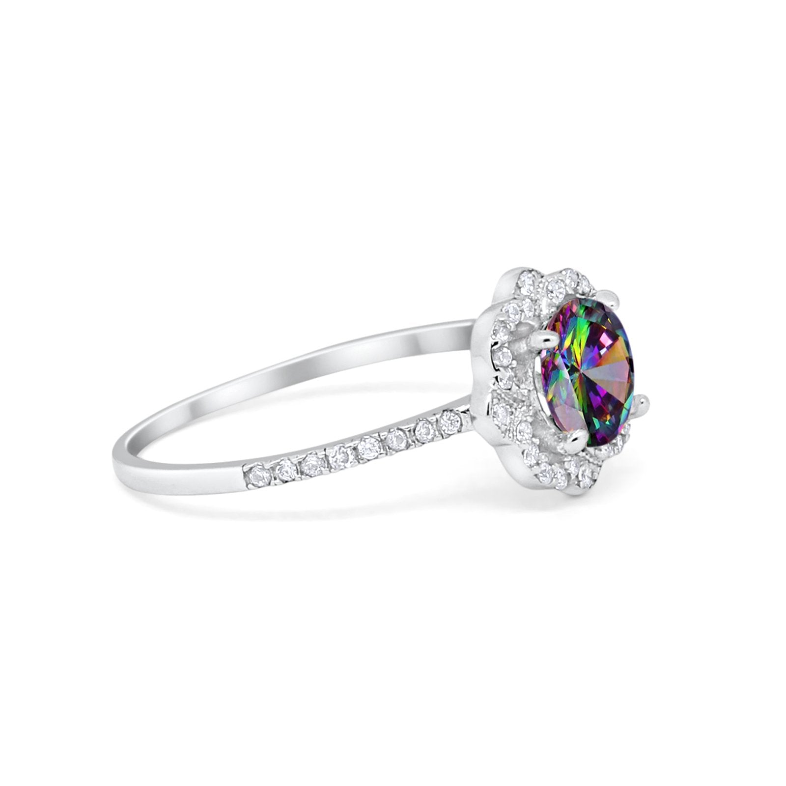 Art Deco Wedding Ring Floral Simulated Rainbow CZ 925 Sterling Silver