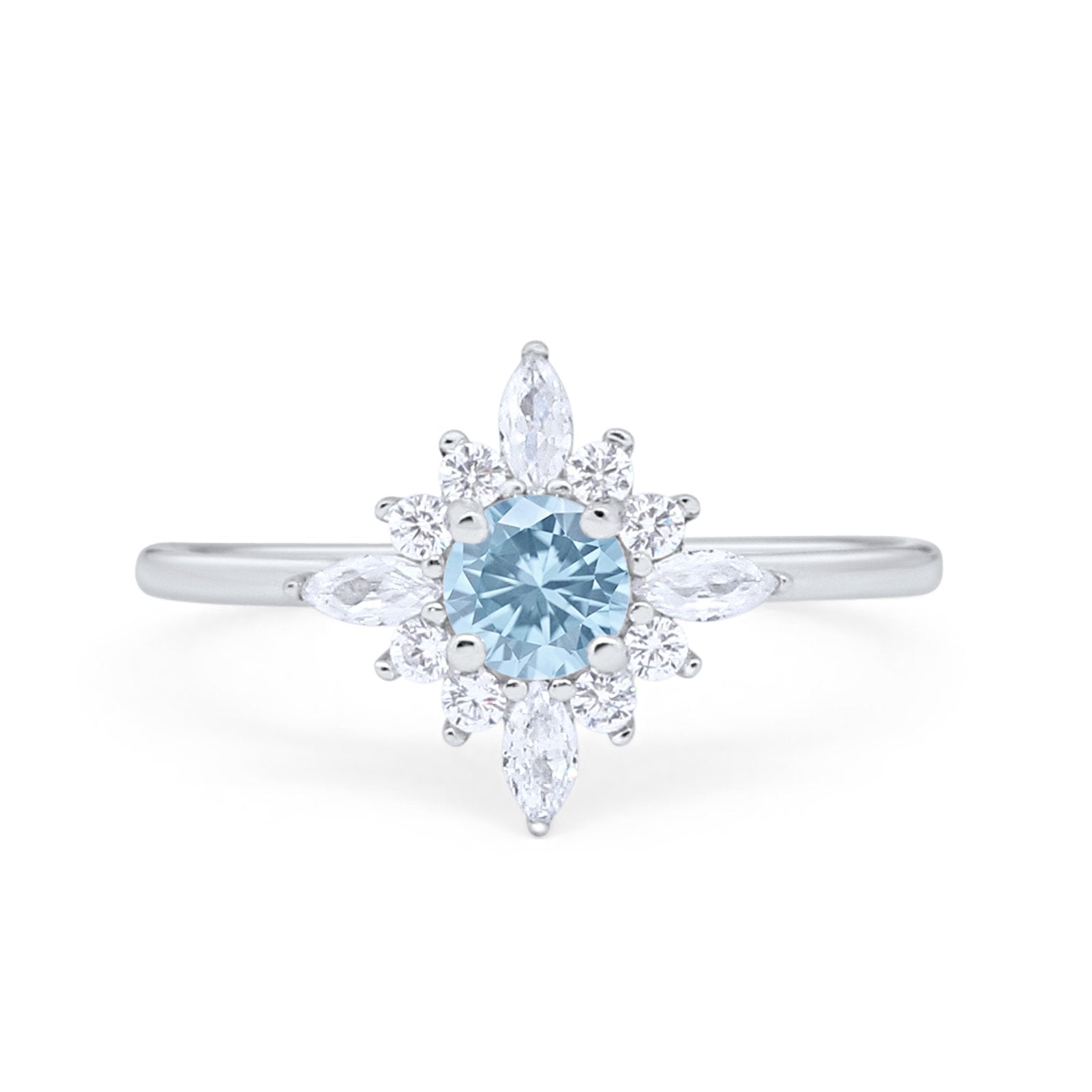 Cluster Engagement Ring Round Simulated Aquamarine CZ 925 Sterling Silver