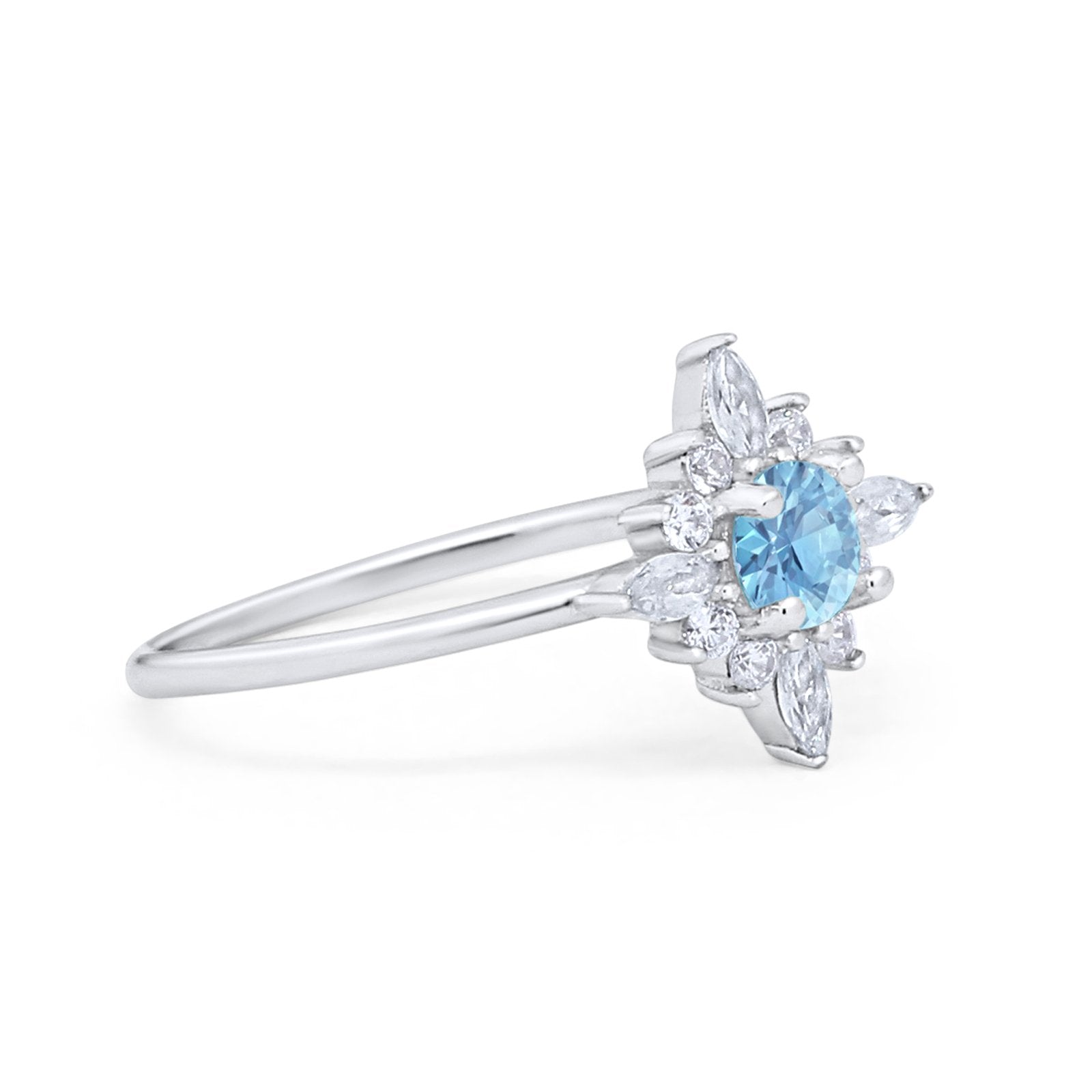 Cluster Engagement Ring Round Simulated Aquamarine CZ 925 Sterling Silver