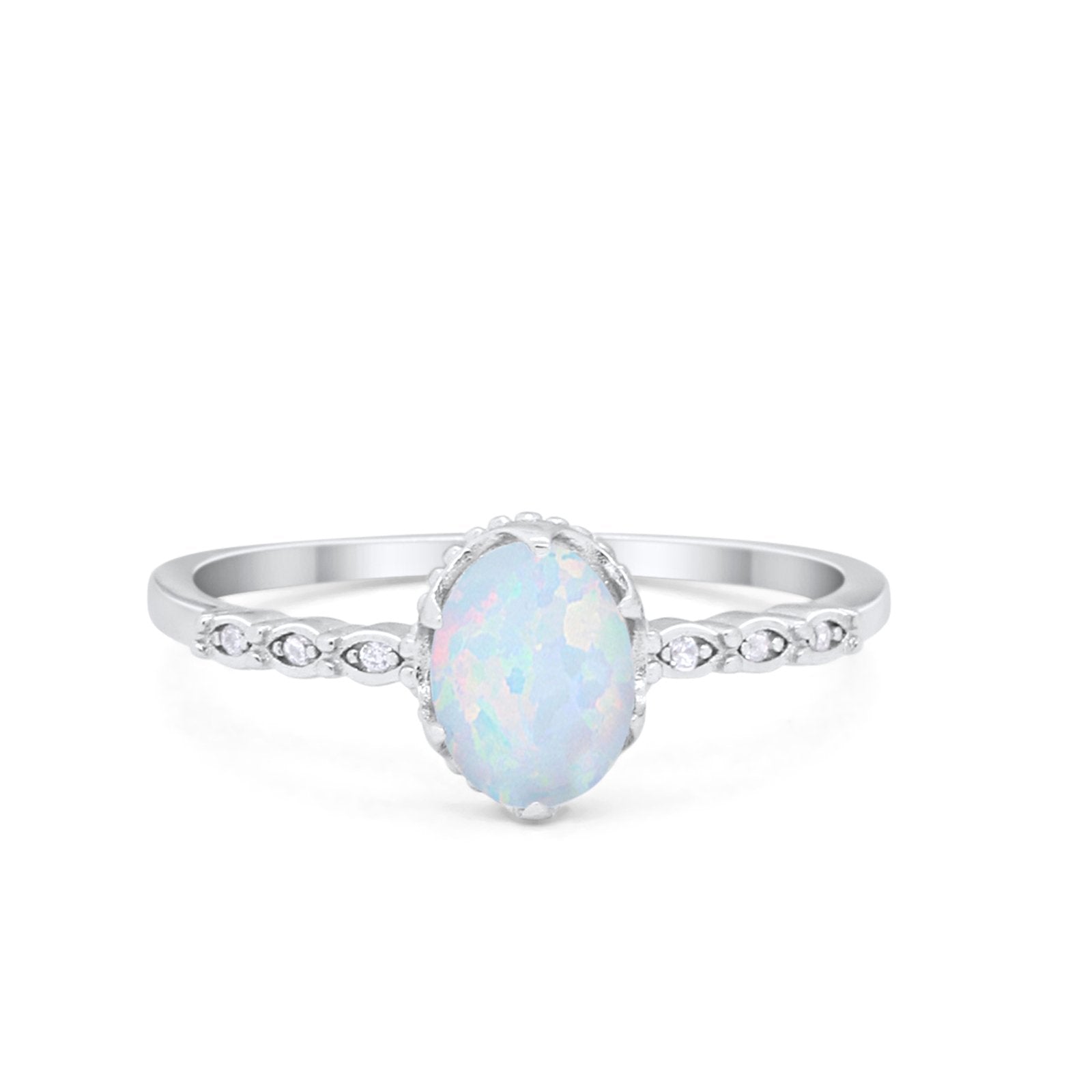 Oval Art Style Engagement Ring Lab Created White Opal 925 Sterling Silver