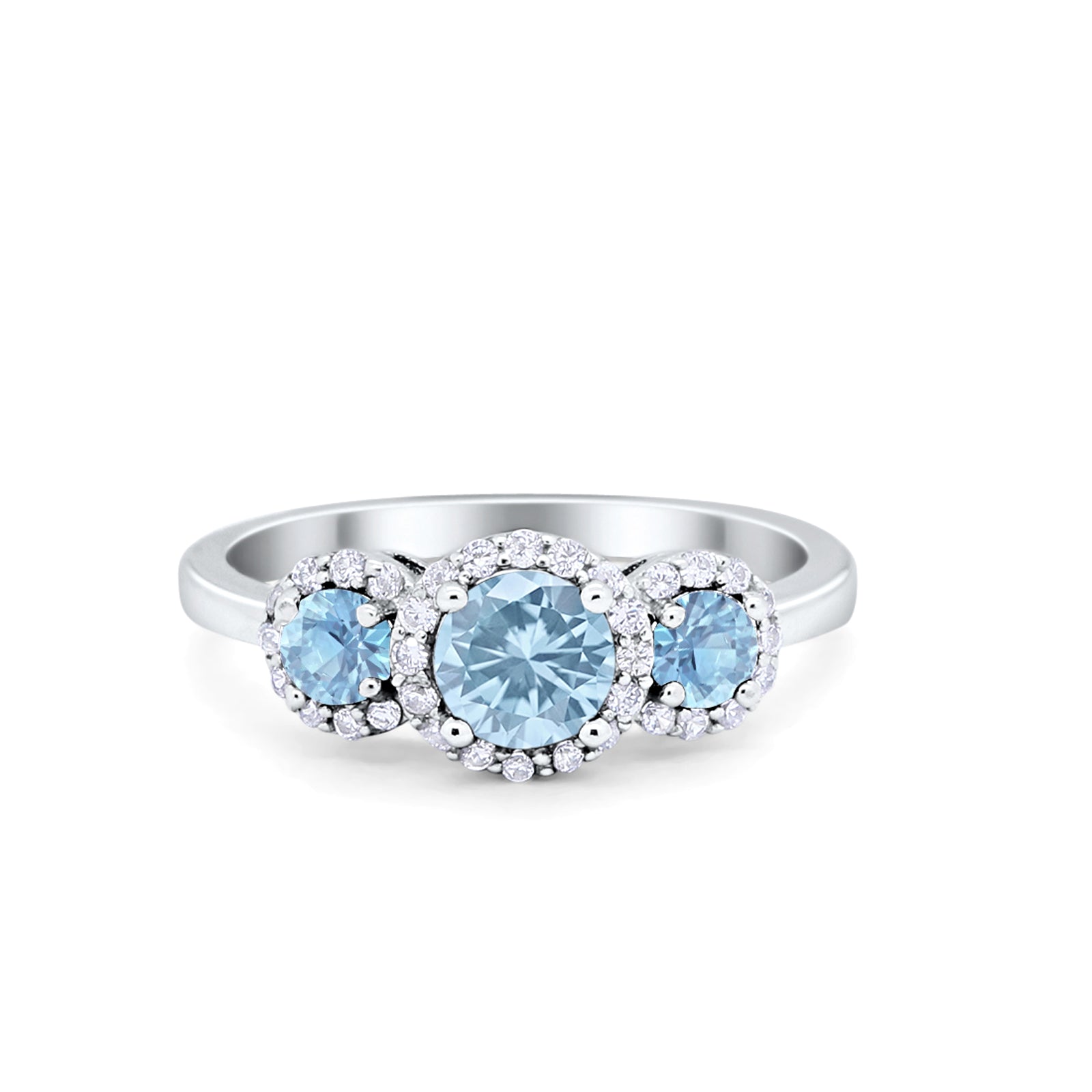 Three Stone Simulated Aquamarine CZ Wedding Ring 925 Sterling Silver