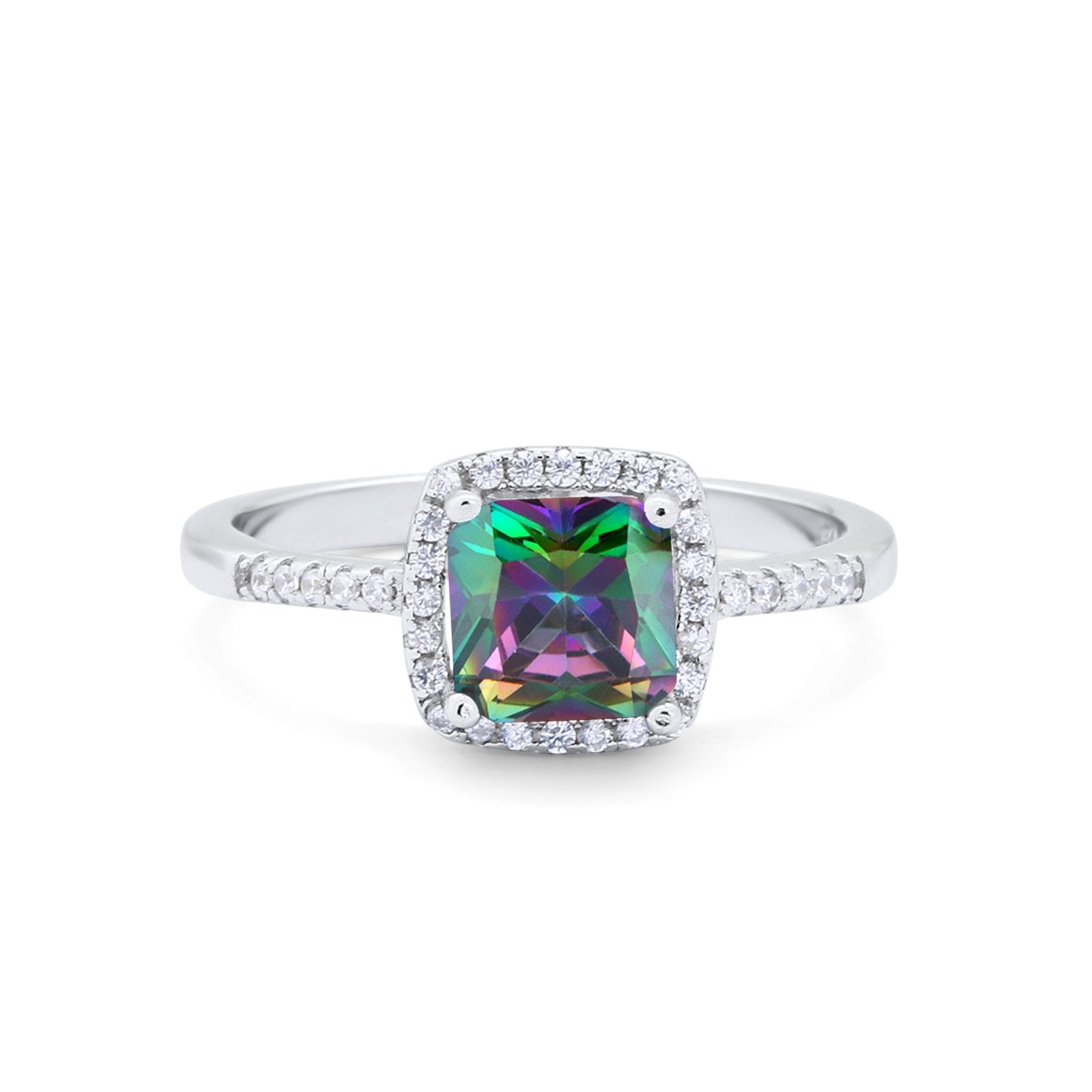 Art Deco Princess Cut Simulated Rainbow CZ Wedding Ring 925 Sterling Silver