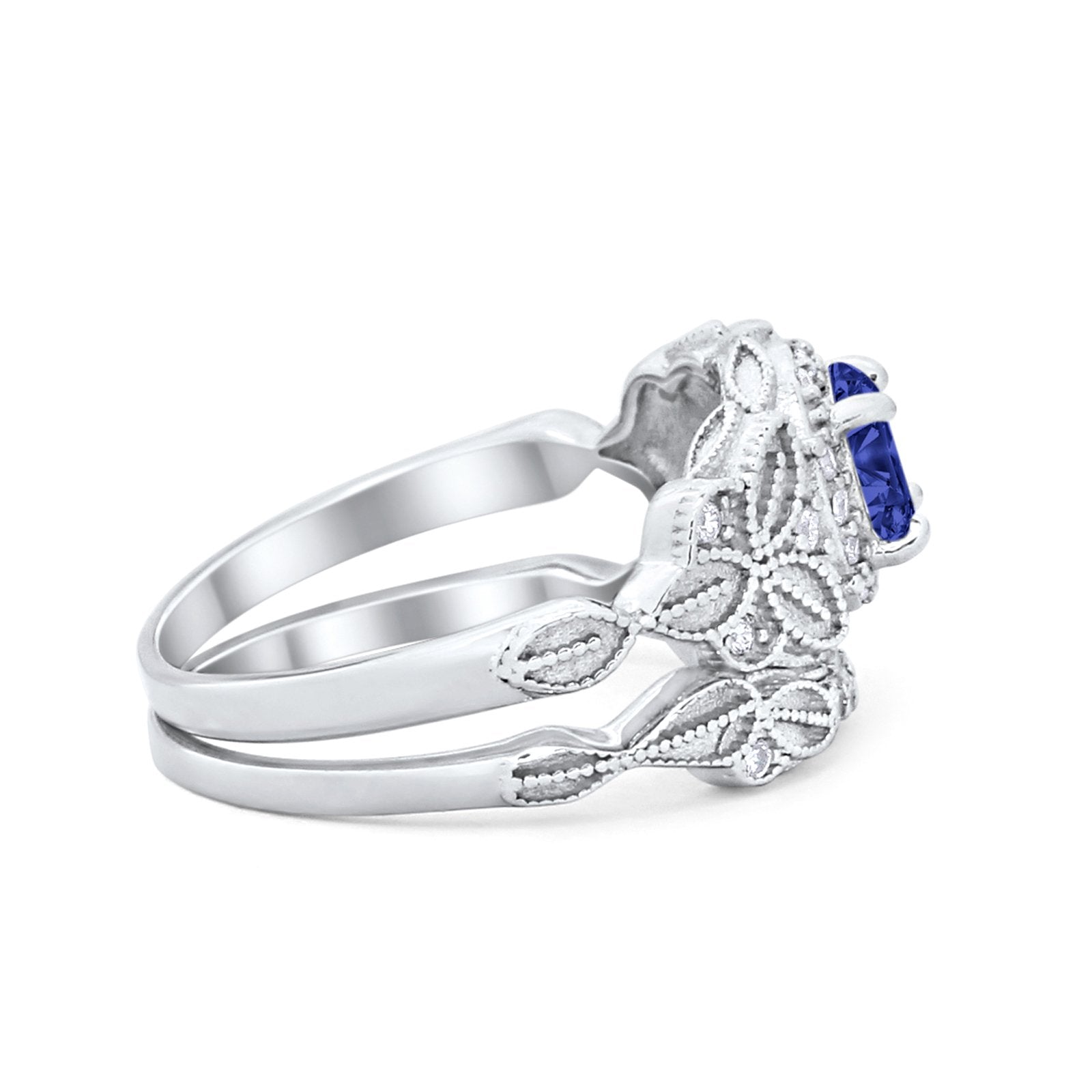 Art Deco Vintage Style Bridal Ring Piece Simulated Blue Sapphire CZ 925 Sterling Silver