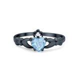 Irish Claddagh Heart Promise Ring Black Tone, Simulated Aquamarine CZ 925 Sterling Silver