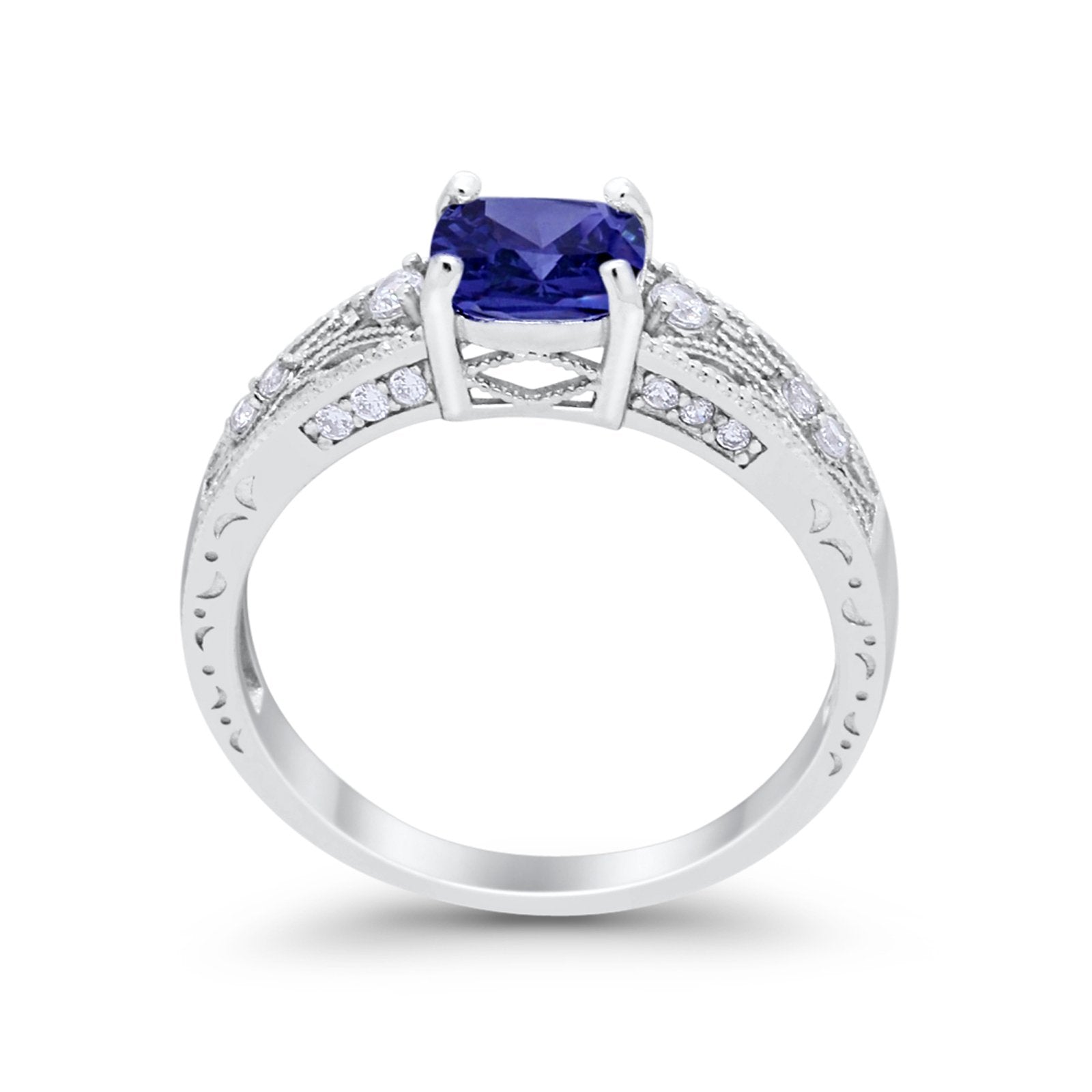 Cushion Engagement Ring Simulated Blue Sapphire CZ 925 Sterling Silver