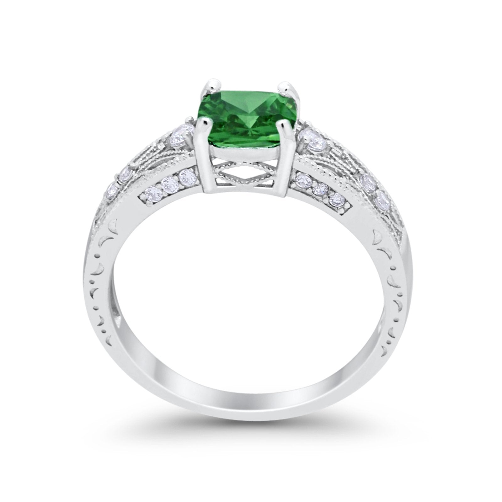 Cushion Engagement Ring Simulated Green Emerald CZ 925 Sterling Silver