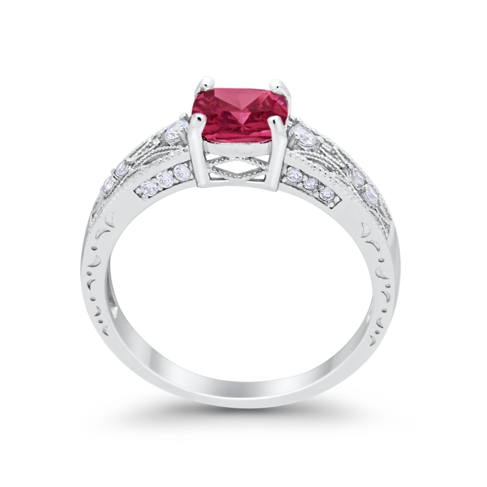 Cushion Engagement Ring Simulated Ruby CZ 925 Sterling Silver