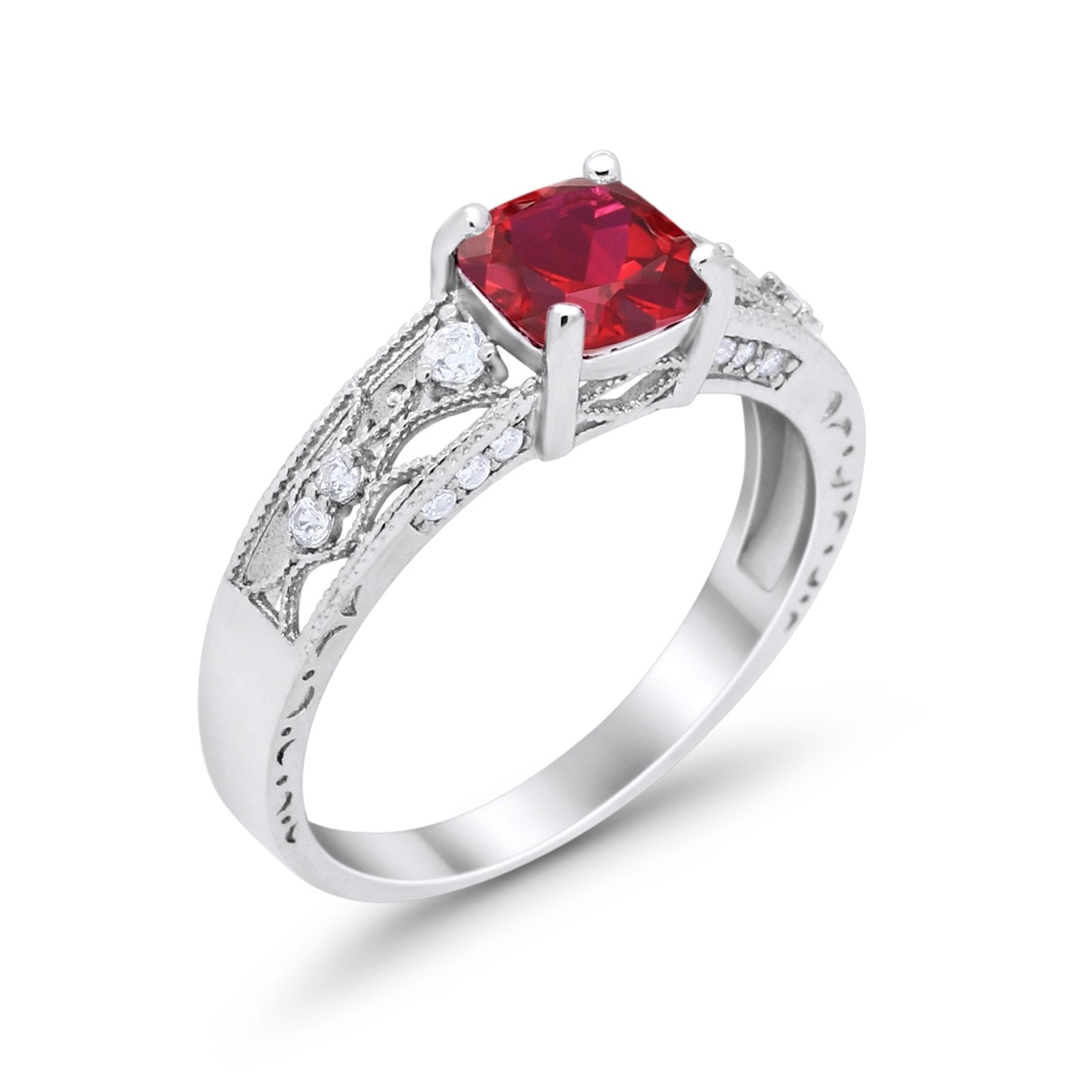 Cushion Engagement Ring Simulated Ruby CZ 925 Sterling Silver