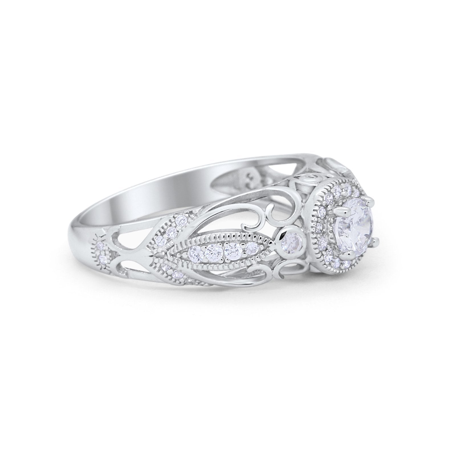 Filigree Engagement Ring Round Simulated Cubic Zirconia 925 Sterling Silver