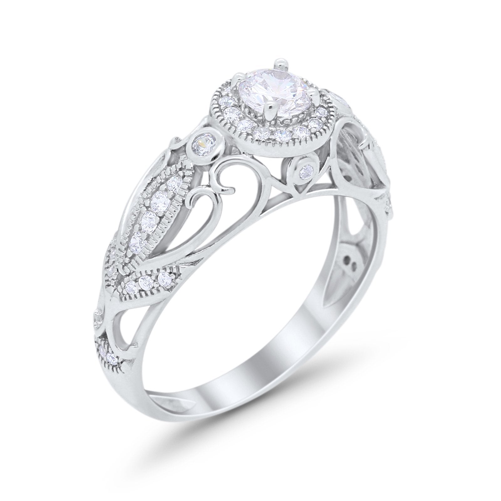 Filigree Engagement Ring Round Simulated Cubic Zirconia 925 Sterling Silver