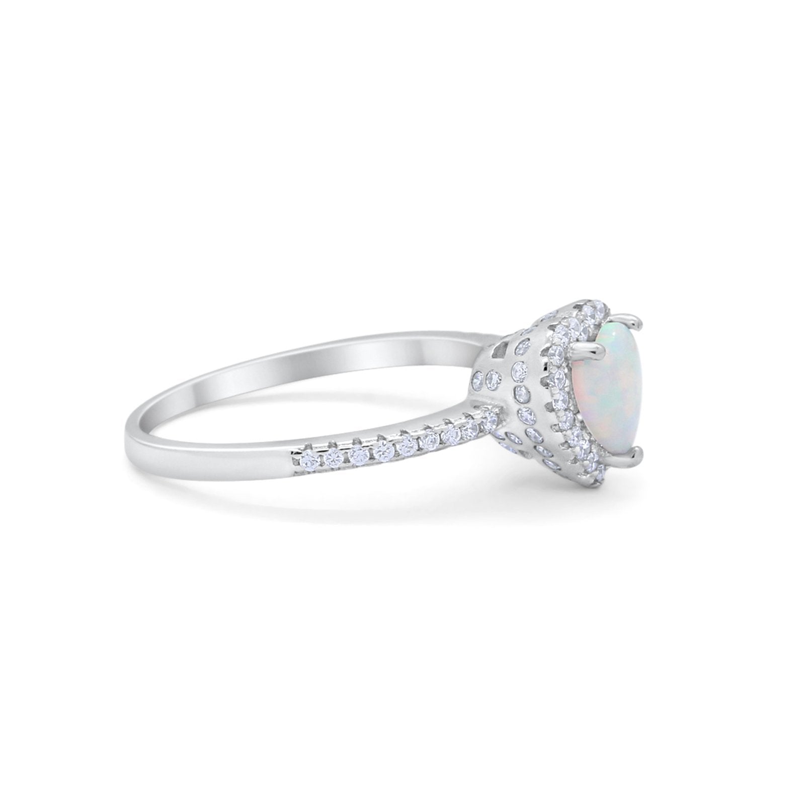 Halo Art Deco Heart Promise Ring Lab Created White Opal 925 Sterling Silver