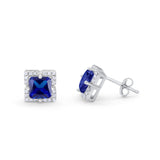 Halo Princess Cut Engagement Bridal Stud Earrings Simulated Blue Sapphire CZ 925 Sterling Silver