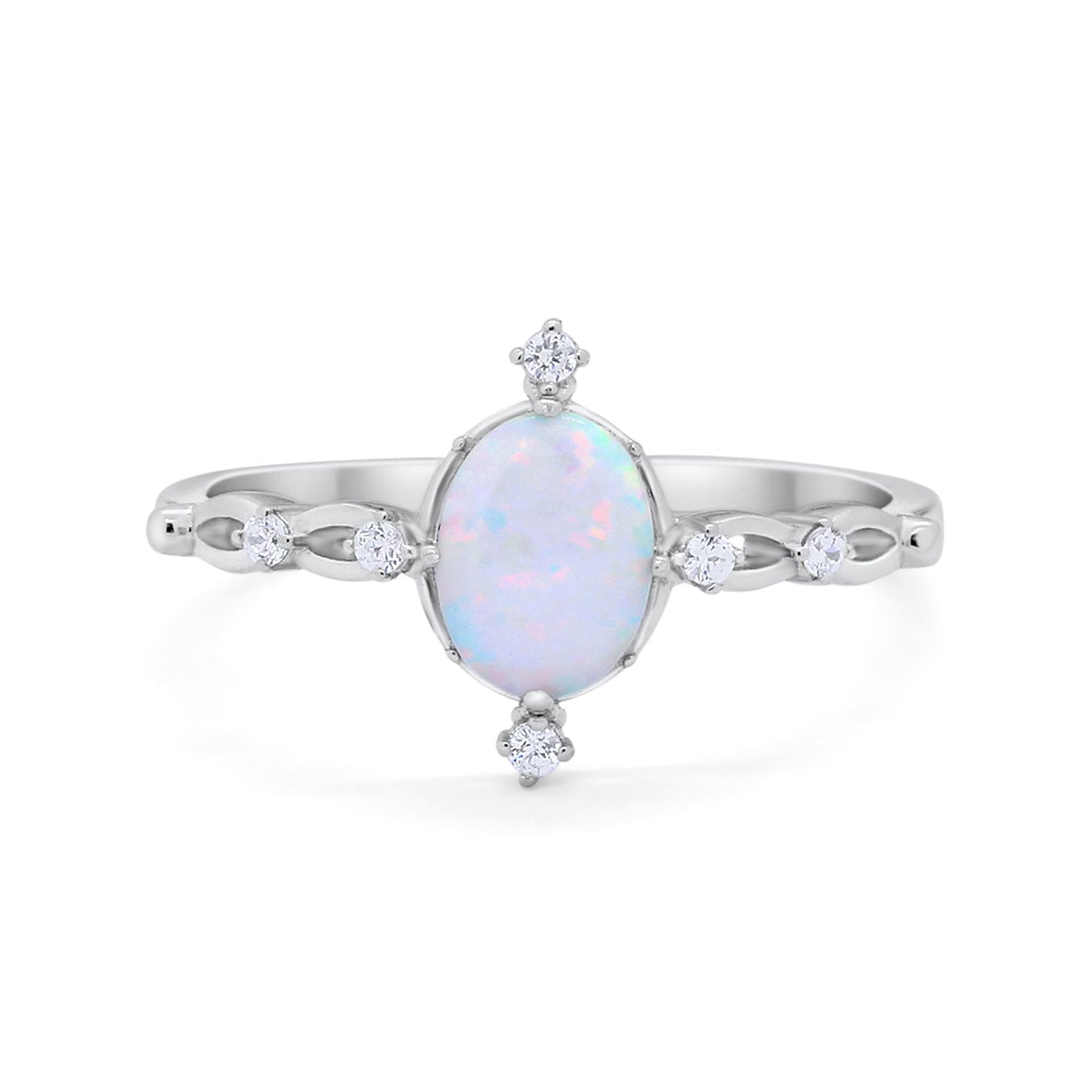 Dainty Oval Art Wedding Ring Lab White Opal 925 Sterling Silver