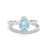 Art Deco Teardrop Piece Wedding Ring Simulated Aquamarine CZ 925 Sterling Silver