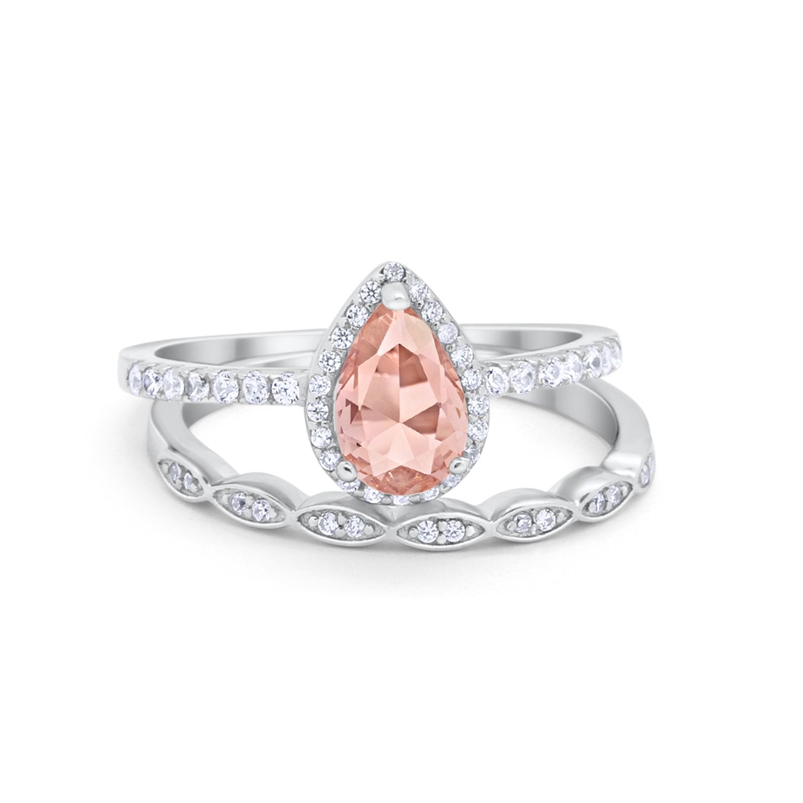 Art Deco Teardrop Piece Wedding Ring Simulated Morganite CZ 925 Sterling Silver