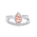 Art Deco Teardrop Piece Wedding Ring Simulated Morganite CZ 925 Sterling Silver