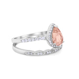 Art Deco Teardrop Piece Wedding Ring Simulated Morganite CZ 925 Sterling Silver