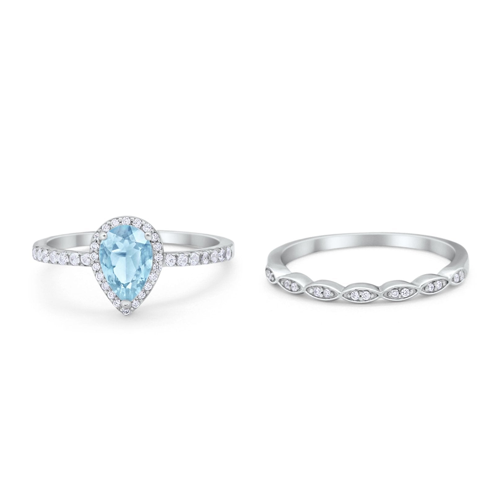 Art Deco Teardrop Piece Wedding Ring Simulated Aquamarine CZ 925 Sterling Silver