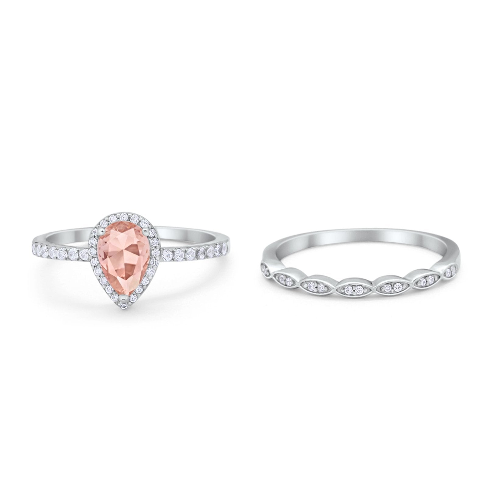 Art Deco Teardrop Piece Wedding Ring Simulated Morganite CZ 925 Sterling Silver