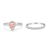 Art Deco Teardrop Piece Wedding Ring Simulated Morganite CZ 925 Sterling Silver