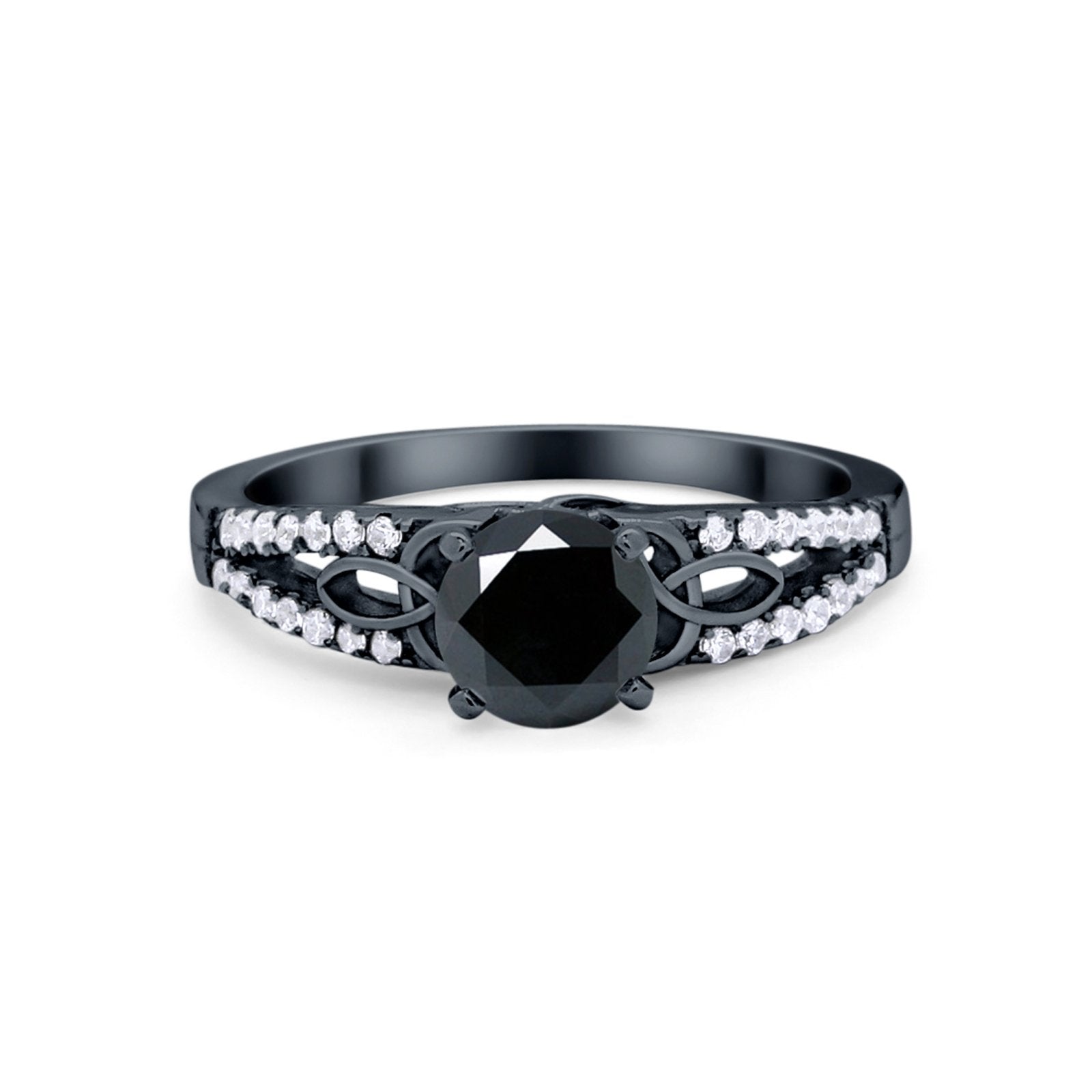 Celtic Art Deco Wedding Ring Round Black Tone, Simulated Black CZ 925 Sterling Silver