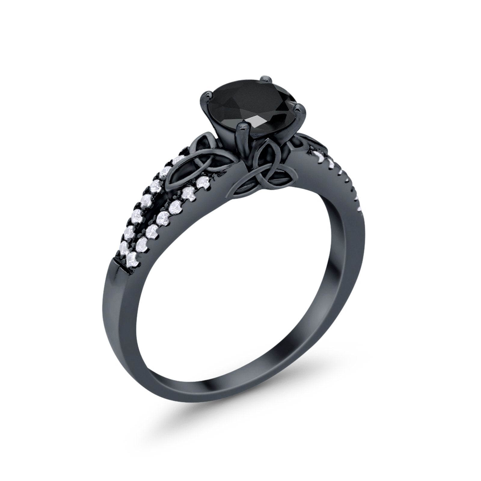 Celtic Art Deco Wedding Ring Round Black Tone, Simulated Black CZ 925 Sterling Silver