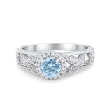 Vintage Style Halo Wedding Ring Simulated Aquamarine CZ 925 Sterling Silver